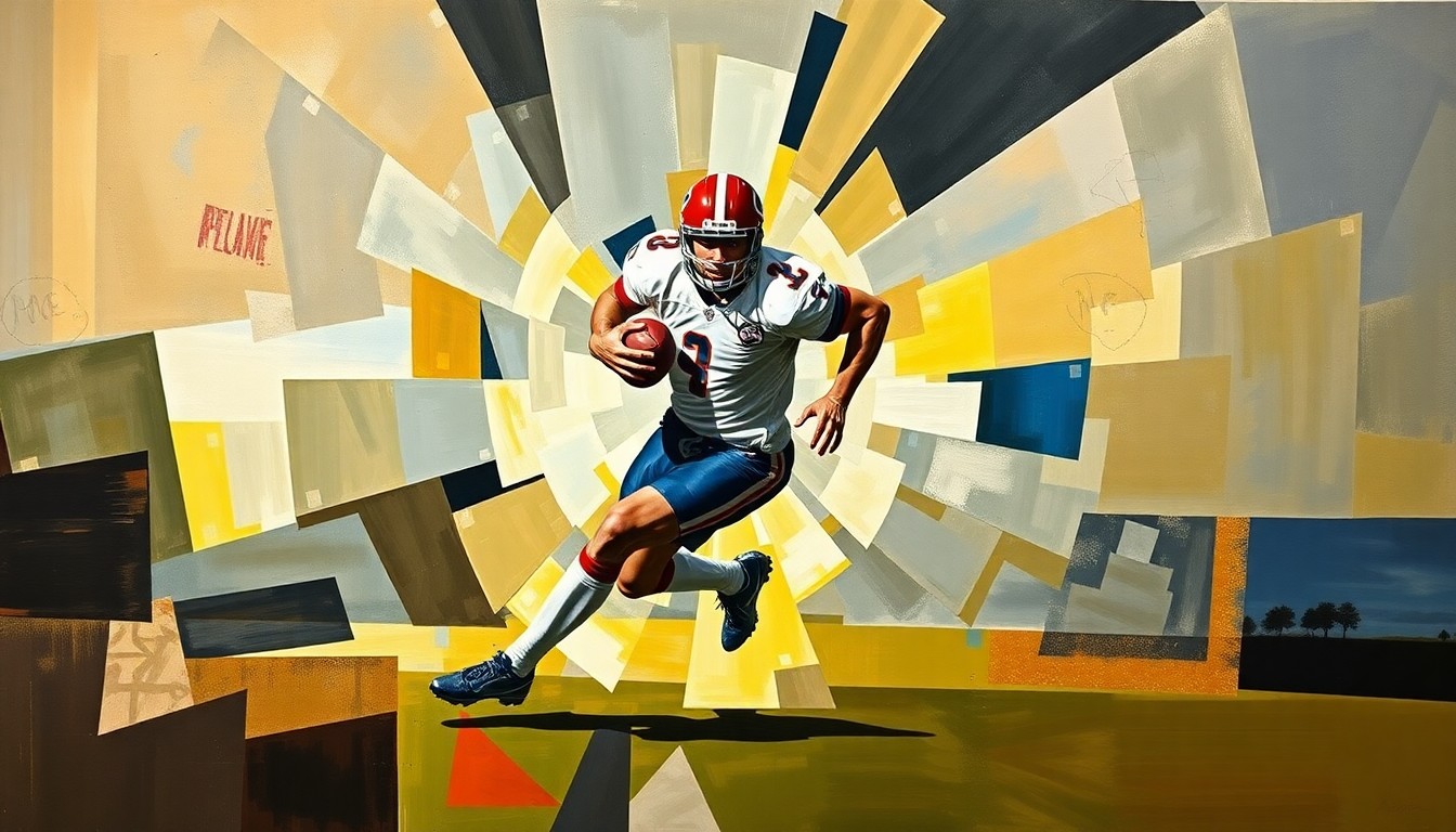 A cubist-style painting featuring overlapping geometric shapes and planes that abstractly depict a football player in motion, conveying the energy and physicality of the sport.