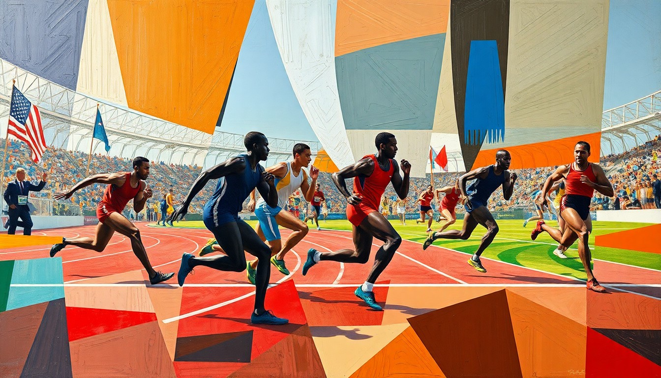 A fractured, cubist-style painting depicting the dynamic motion and energy of a track and field competition, with the athletes' forms broken down into sharp, overlapping geometric shapes and planes in a vibrant color palette.