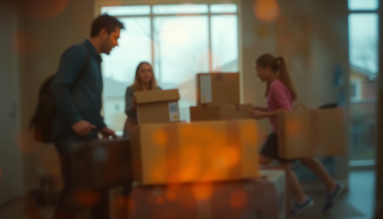 An abstract, impressionistic photograph showing blurred, out-of-focus shapes and colors representing a family packing up their belongings, conveying the emotional transition of moving to a new place.