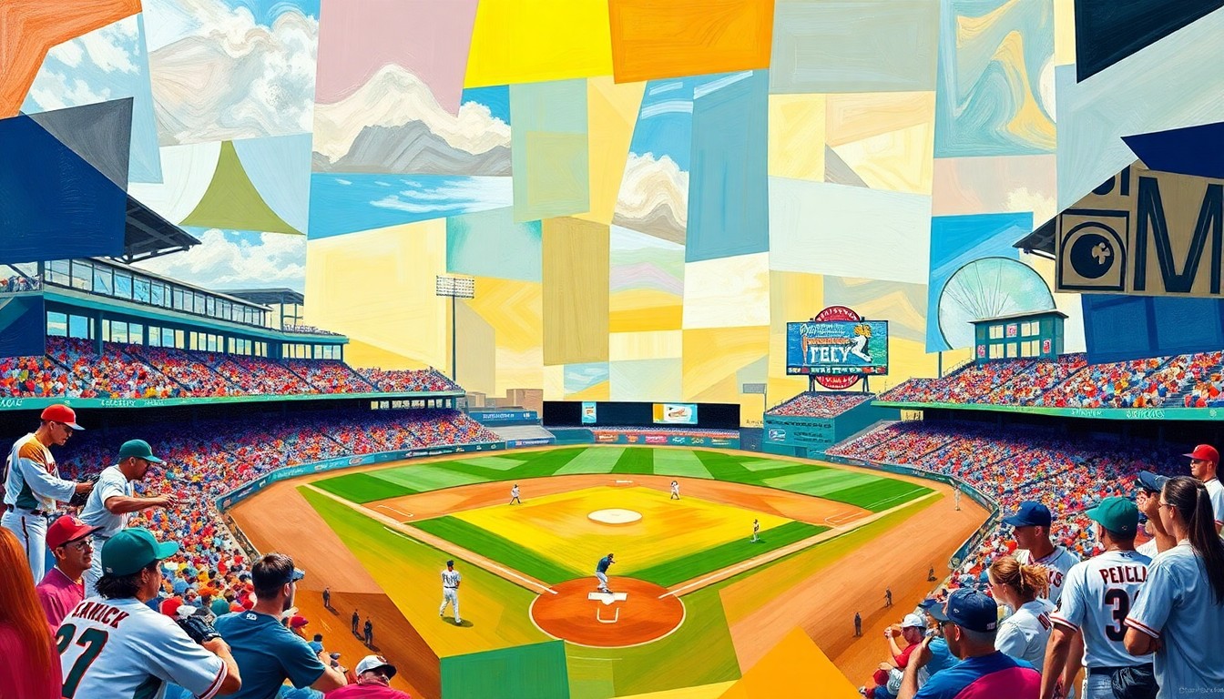A cubist-style painting featuring sharp, overlapping geometric shapes in the team colors of the Myrtle Beach Pelicans and Charleston RiverDogs, capturing the energy and competitive spirit of their minor league baseball matchup.