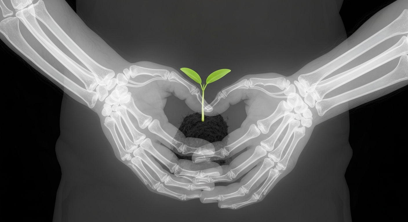 A translucent X-ray photograph showing the intricate bone structure and veins of a farmer's hands holding a small seedling, conveying the physical demands and fragility of the farming profession.