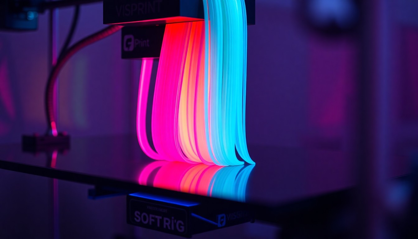 A highly detailed, glowing 3D macro illustration of a 3D printer extruding colorful, translucent filament, conceptually representing the advanced technology behind a new tool that can preview the aesthetic qualities of 3D printed objects.