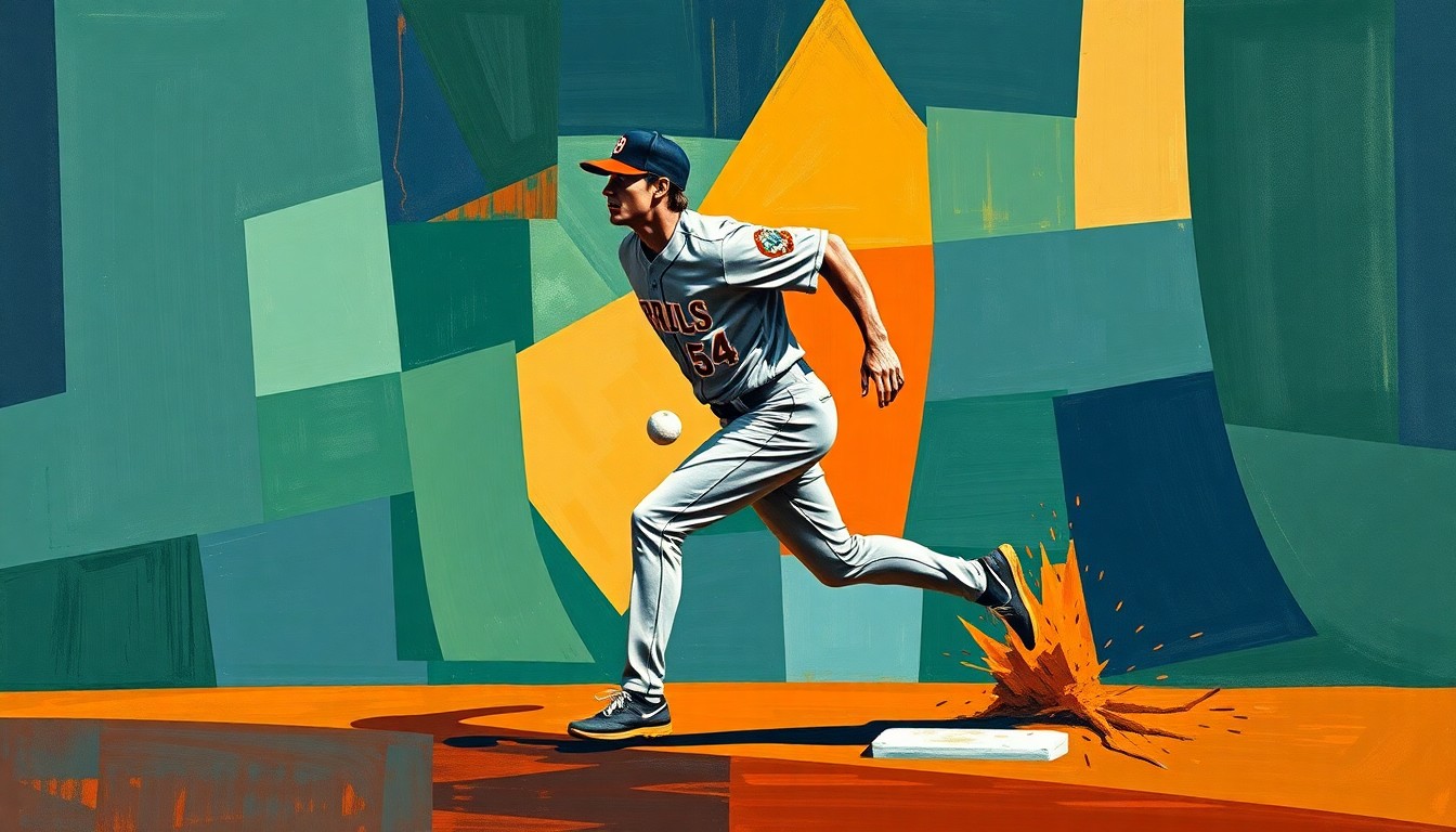 A fragmented, geometric painting depicting a baseball player running the bases, with sharp planes of navy, green, and orange colors representing the dynamic motion and tension of the sport.