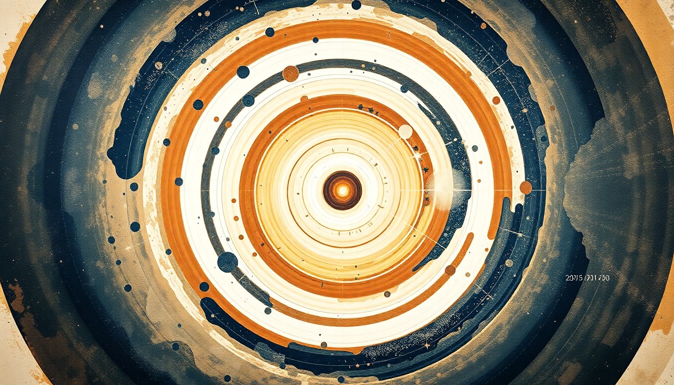 A highly structured abstract painting in earthy tones of brown, ochre, and deep blue, featuring sweeping geometric arcs, concentric circles, and precise botanical spirals, conceptually representing the ancient immigrant star SDSSJ0715-7334 and its journey through the cosmos.