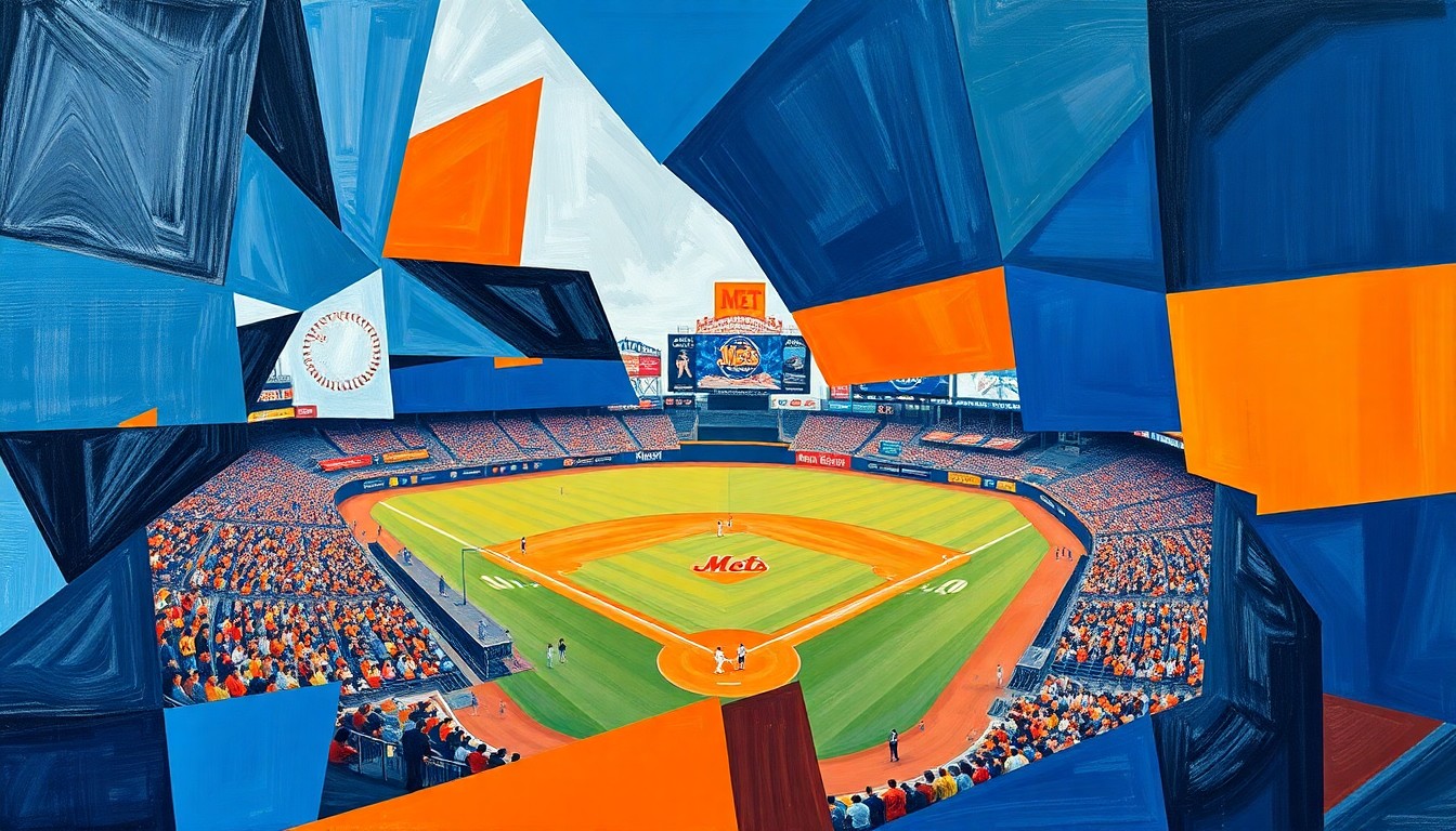 A fragmented, geometric painting in shades of blue and orange, representing the energy and movement of a baseball game.