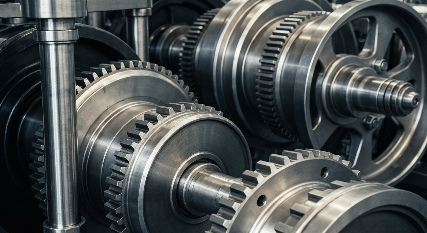 An extreme close-up of heavy, intricately detailed metal machinery and gears, conveying the industrial might and precision engineering of the defense industry.