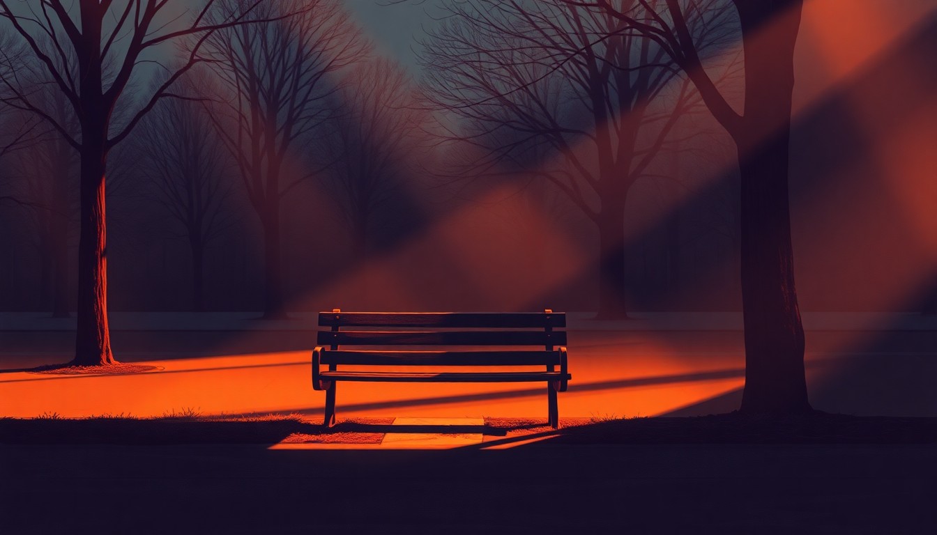 A serene, cinematic painting of a solitary park bench in an urban setting, with warm sunlight casting long shadows and evoking a sense of isolation and melancholy, conceptually representing the human impact of homelessness policies.