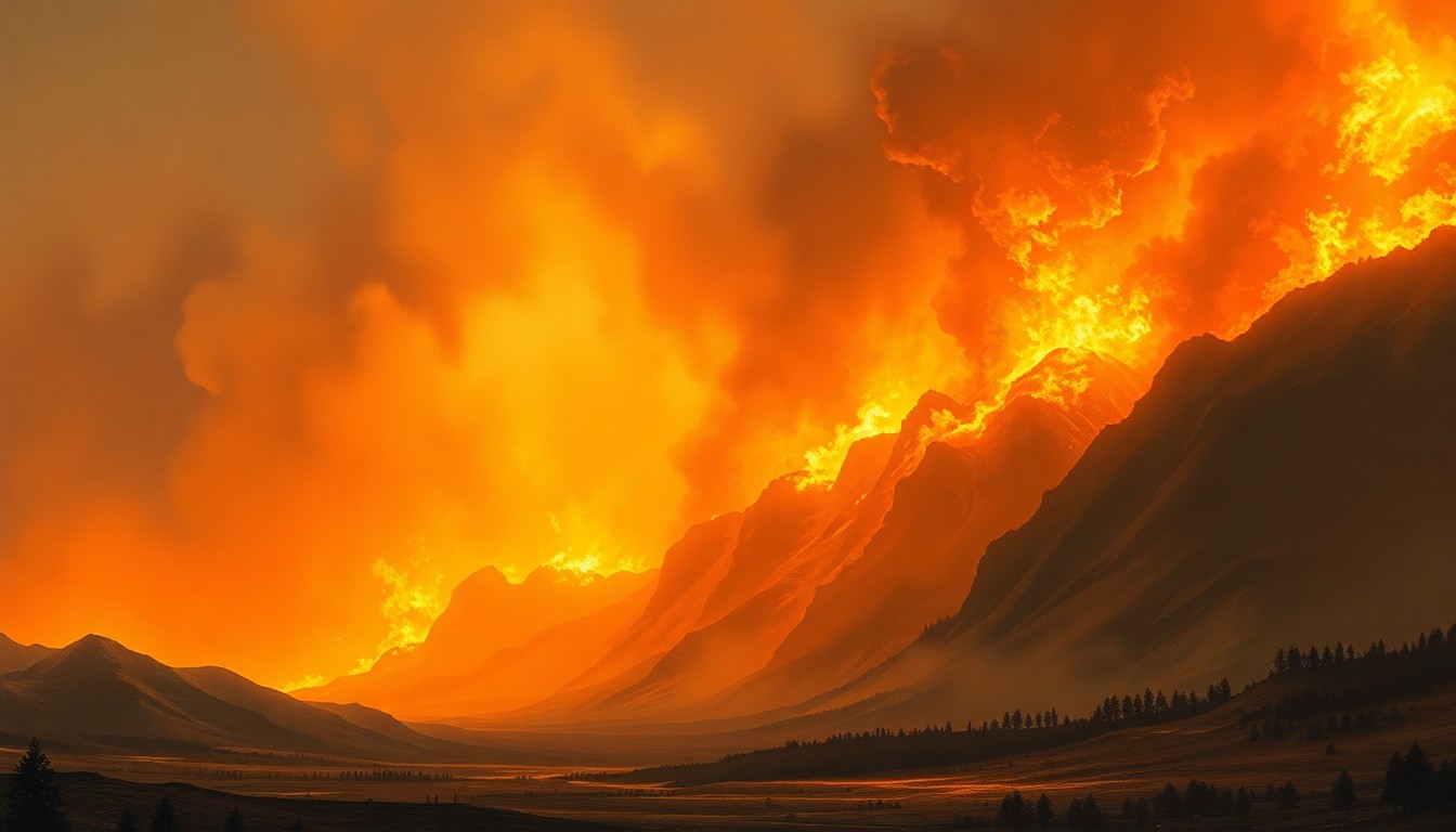 A sweeping, atmospheric landscape painting depicting a massive wildfire consuming the horizon, with the flames and smoke dwarfing any visible structures or objects.