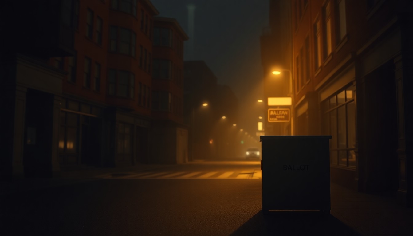 A photorealistic painting of a lone ballot box on an empty city street, with warm sunlight casting dramatic shadows across the scene, conveying a sense of quiet contemplation around the issue of voting rights restoration.