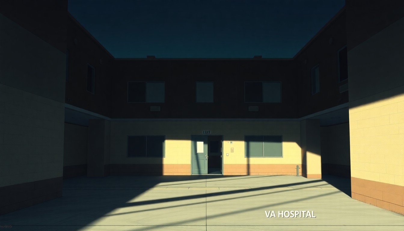 A photorealistic painting of a large, modern VA hospital building bathed in warm, diagonal sunlight, with deep shadows across the facade and grounds, conveying a sense of solemnity and civic importance.