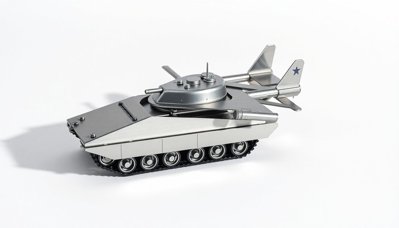 A photorealistic studio still-life photograph featuring a polished metal model of a military vehicle, arranged elegantly on a clean, monochromatic background and dramatically lit to convey the abstract corporate strategy and financial outlook of the defense industry.