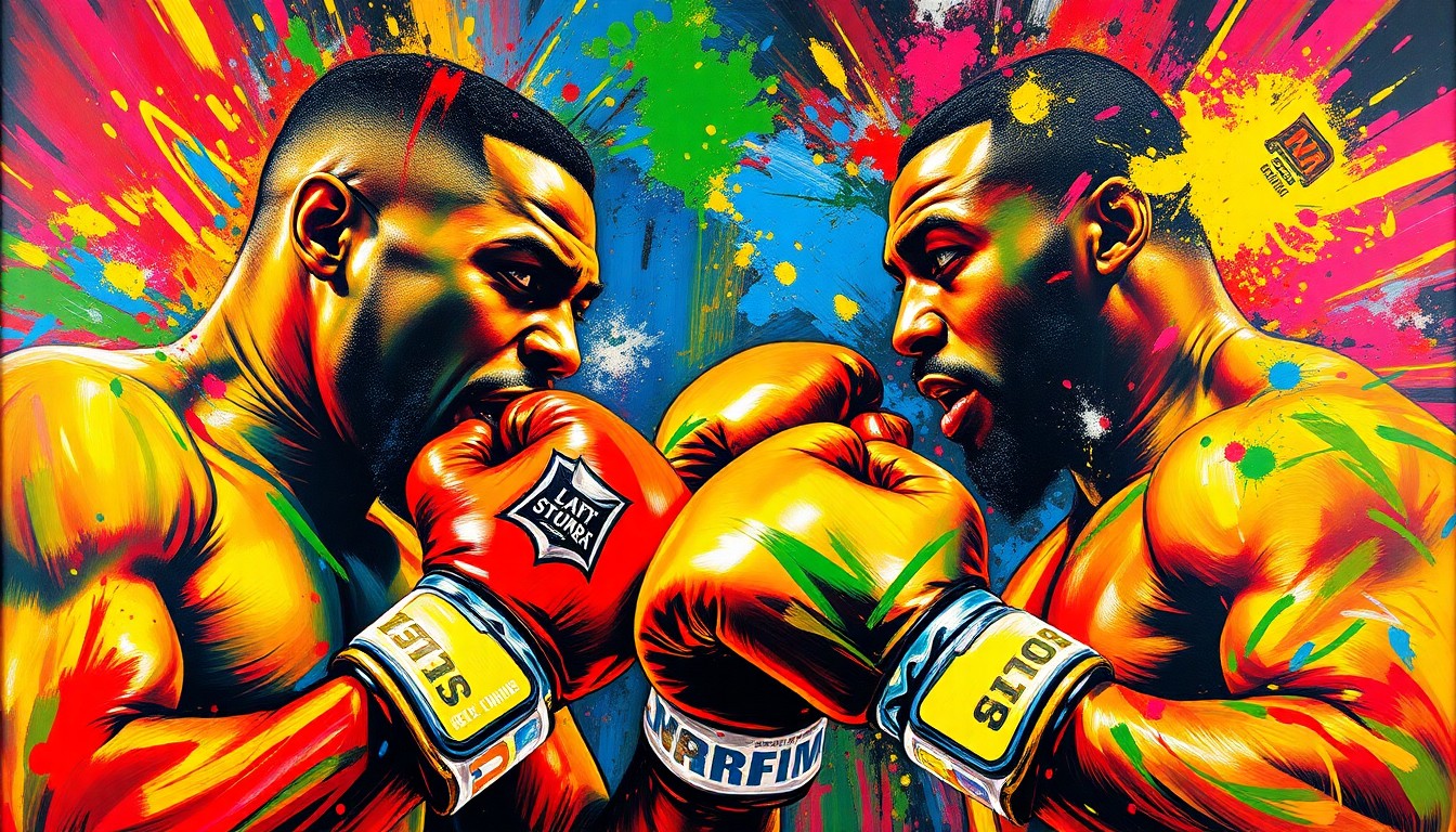 An abstract, expressionist painting using vibrant neon colors and rapid brushstrokes to capture the intense energy and movement of a heavyweight boxing match, with the faces and details of the fighters dissolving into unrecognizable splatters.