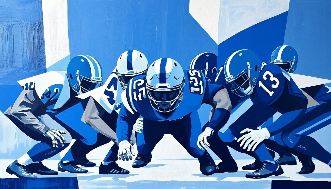 A fragmented, geometric painting depicting the Buffalo Bills' offensive line, with sharp, overlapping planes of navy blue, royal blue, and white, conceptually representing the team's search for a new starting left guard.