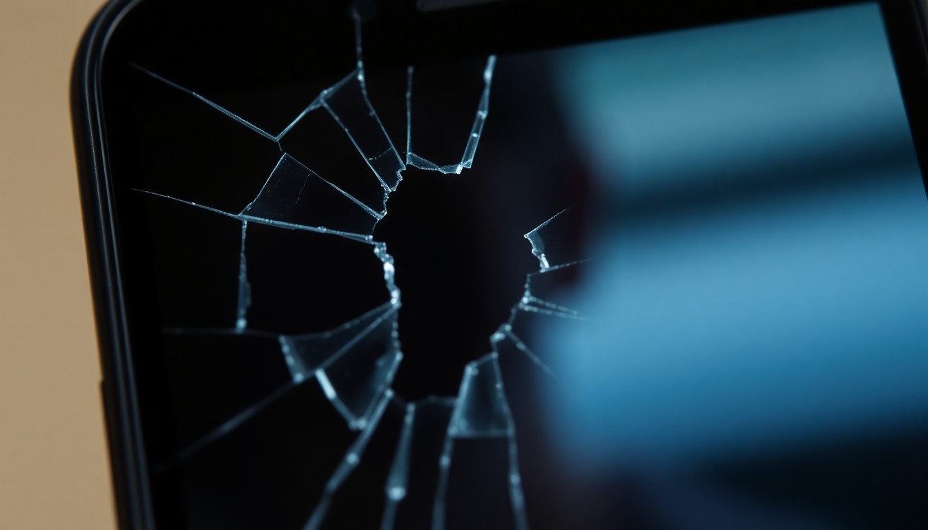 An extreme close-up photograph of a shattered smartphone screen reflecting a faint, distorted image, conceptually representing the violation of privacy and consent in the Lake Zurich AI image scandal.