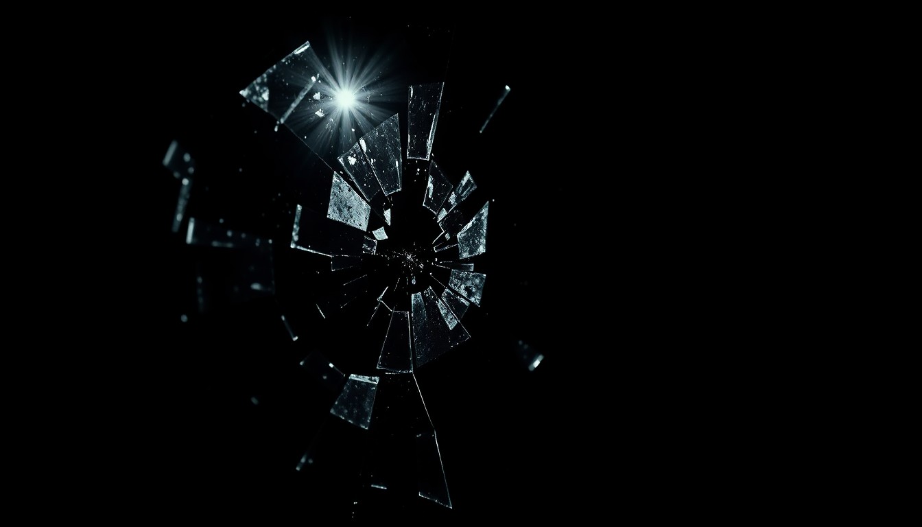 An extreme close-up photograph of a broken lock or shattered glass from a storefront, lit by a harsh, direct camera flash against a pitch-black background, conceptually illustrating the aftermath of a property crime incident.