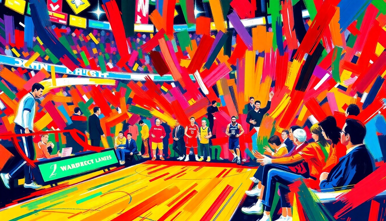 An abstract painting featuring bold, expressive brushstrokes in neon shades of blue, pink, and yellow, capturing the frenetic energy and high-stakes drama of a college basketball game.