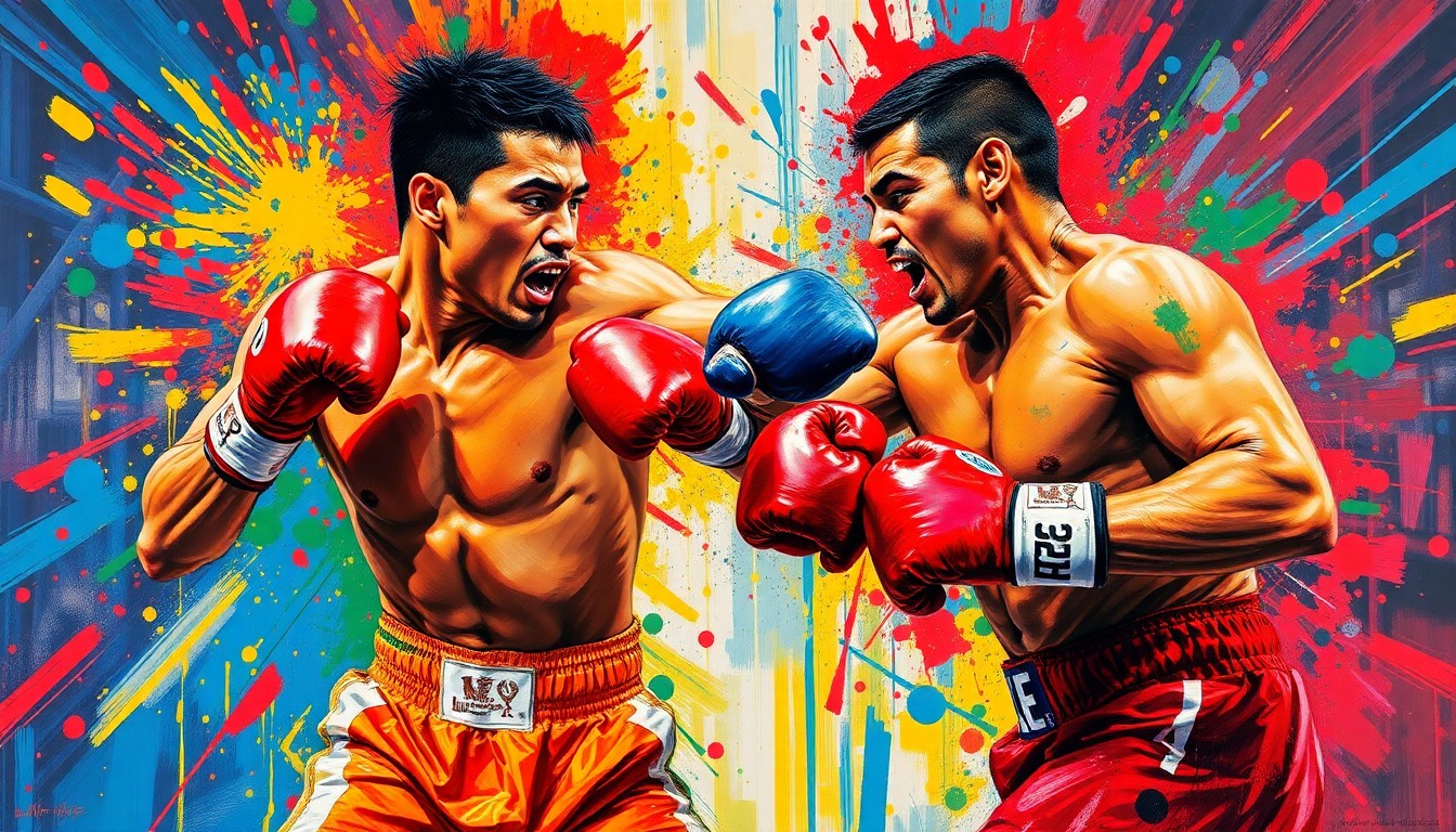 A heavily textured, abstract painting in vibrant neon colors, with rapid brushstrokes conveying the intense physicality and motion of a boxing match, the figures of the fighters dissolving into unrecognizable shapes.