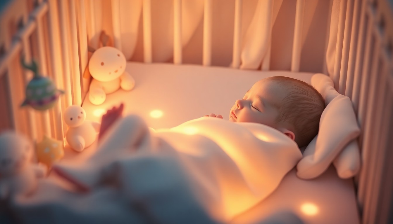 An extremely abstracted, out-of-focus photograph of a sleeping newborn baby surrounded by soft, blurred shapes of baby items in a warm, pastel color palette, conceptually representing the welcoming of a new life into a local community.