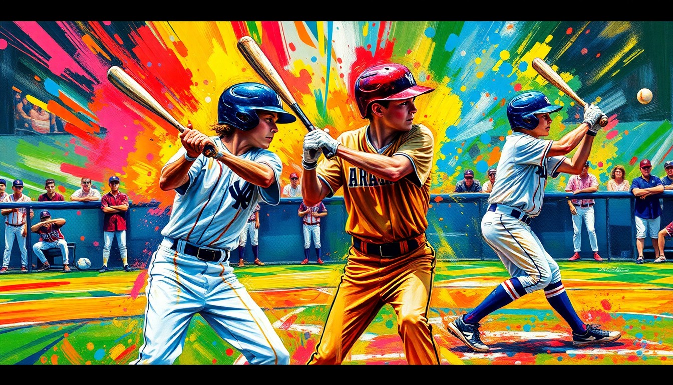 An abstract, expressionist painting using vibrant neon brushstrokes to capture the dynamic energy and motion of a high school baseball game, with the players' forms dissolving into unrecognizable splashes of color.