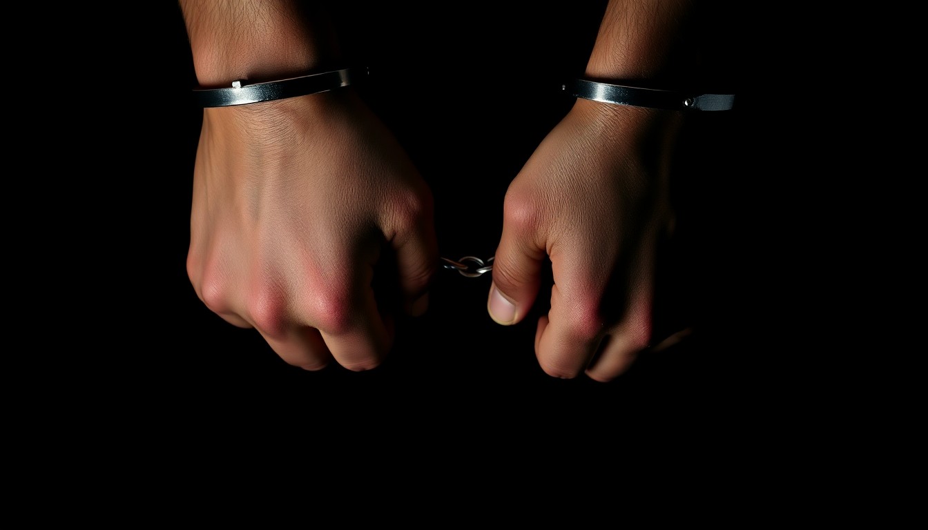 An extreme close-up photograph of a pair of handcuffed wrists against a pitch-black background, lit by a harsh, direct camera flash, conceptually representing the criminal justice system and the challenges faced by those transitioning out of it.