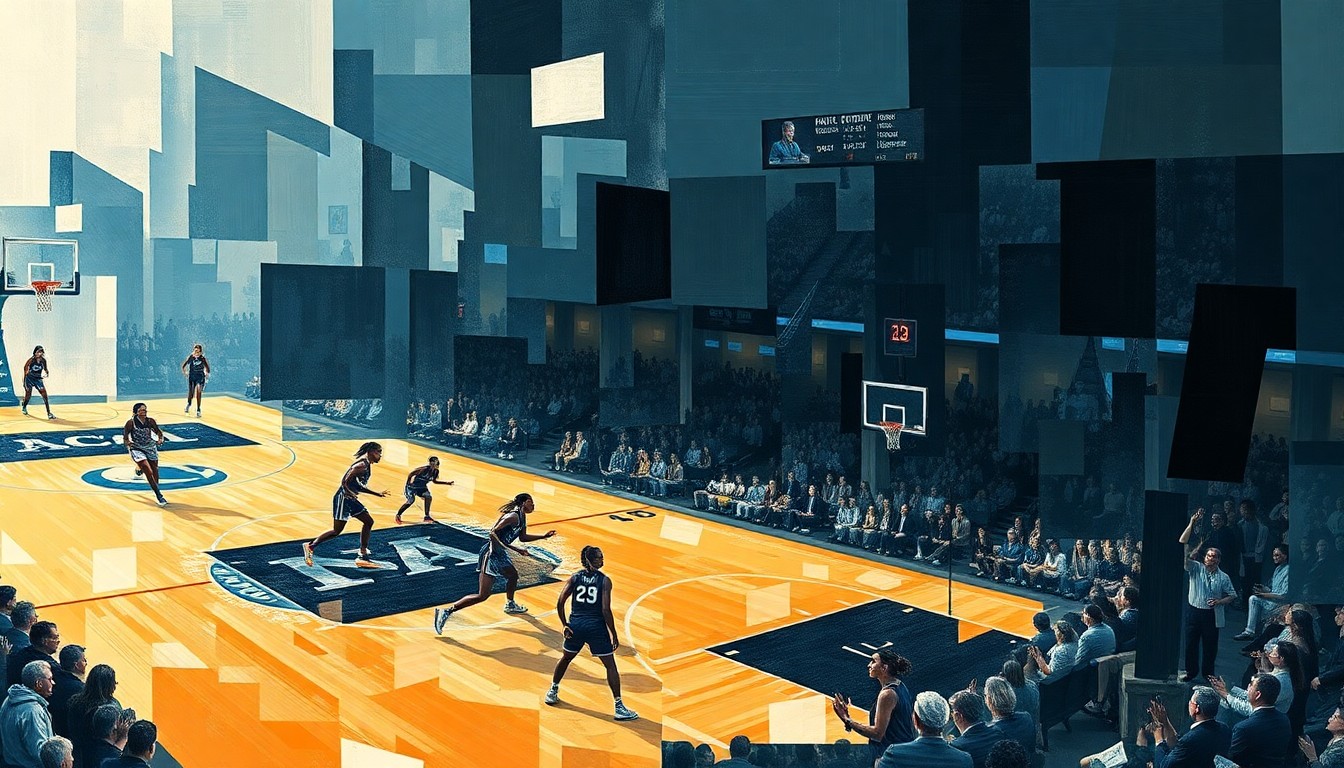 A cubist, geometric painting depicting the final moments of the NCAA women's basketball national championship game, with fragmented, overlapping shapes representing the players, ball, and court.