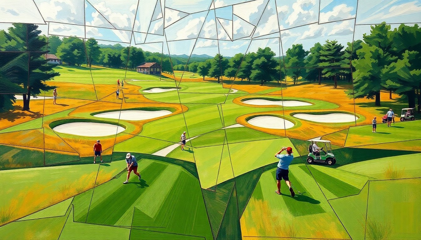 A cubist, geometric painting depicting a high school golf tournament, with overlapping planes of green fairways, sand traps, and golfers in motion, conveying the dynamic energy and competitive spirit of the event.