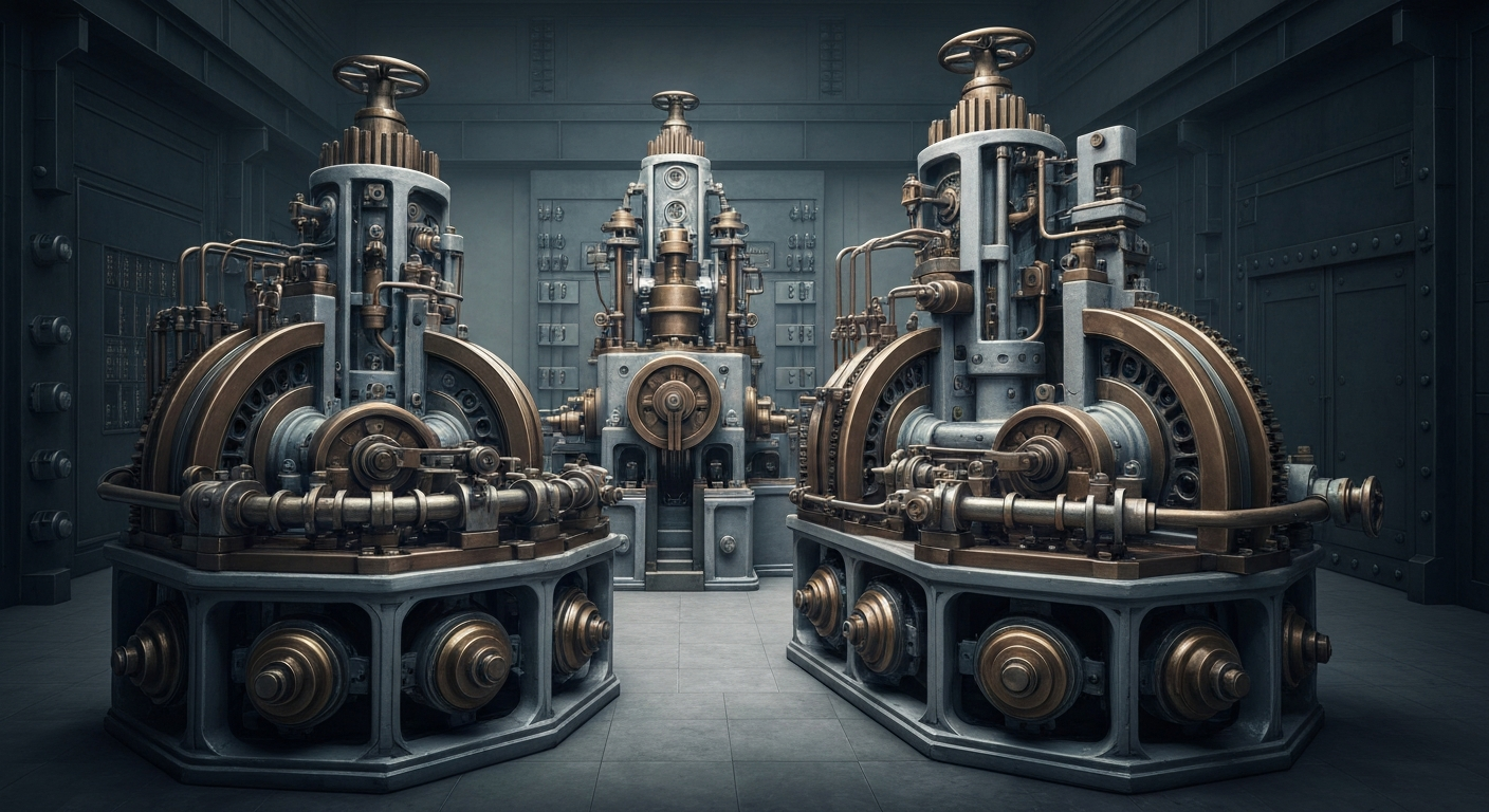 A highly detailed, cinematic close-up image of heavy, industrial banking machinery and gears in shades of steel grey, bronze, and chrome, conceptually representing the complex mechanics of the financial sector.