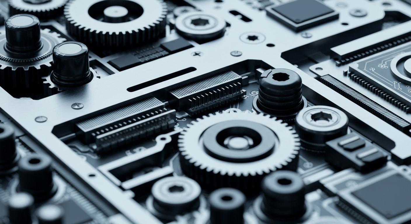 An extreme close-up of various metal and electronic components that make up the internal machinery of financial institutions, conveying the technical complexity and institutional power behind small-cap biotech companies.