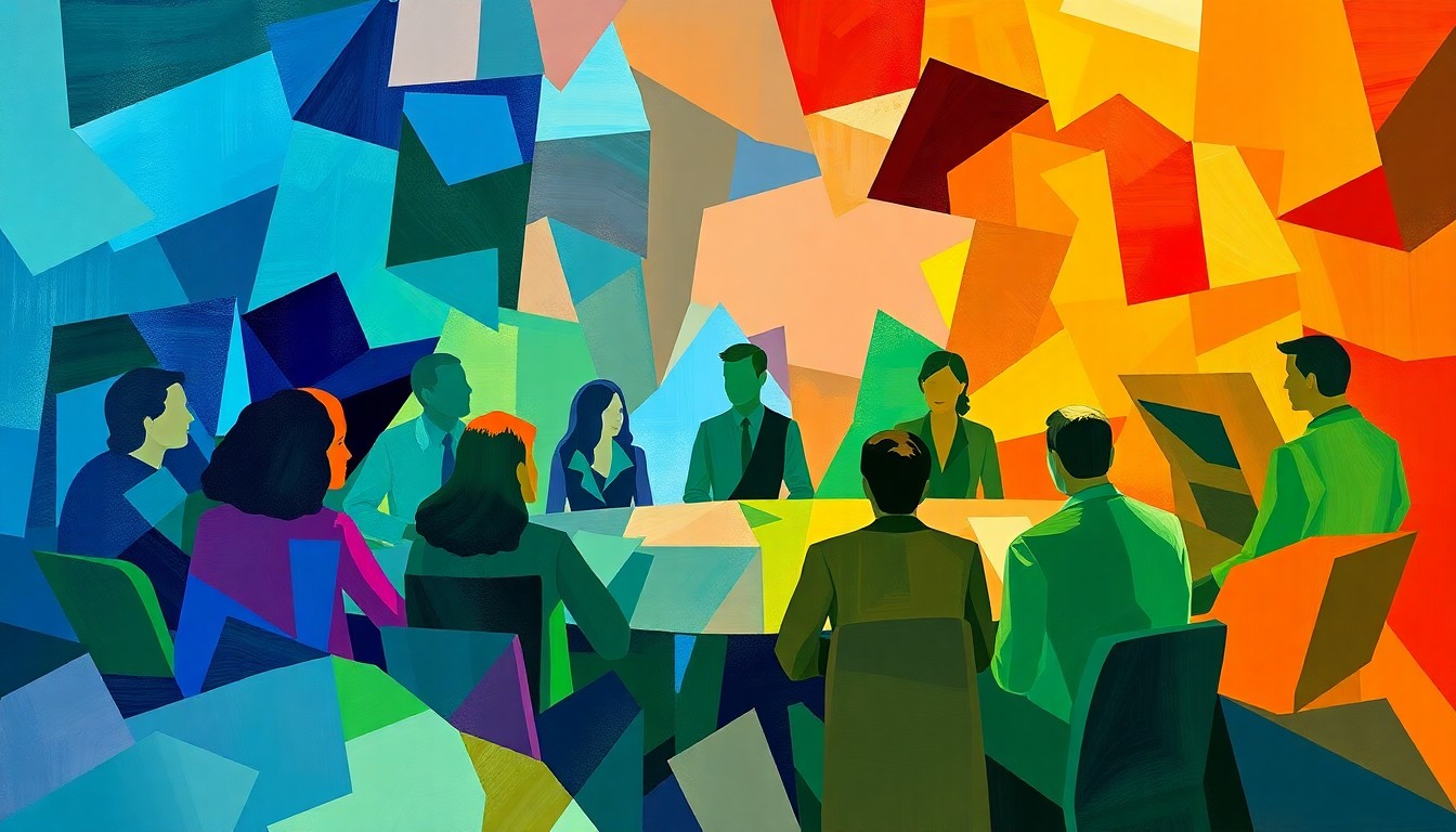 A dynamic, abstract painting depicting a chaotic school board meeting, with overlapping geometric shapes and figures in vibrant colors, conveying the contentious nature of the group's advocacy.