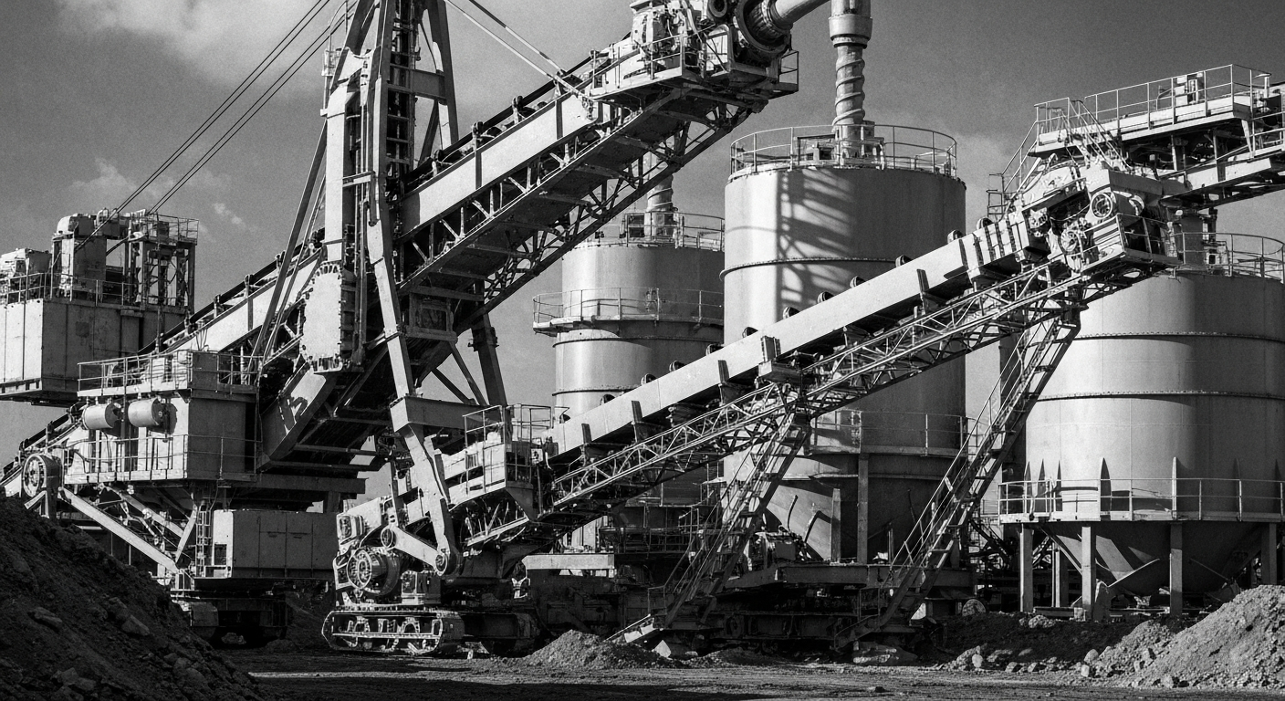 A high-contrast, close-up view of heavy gold mining equipment and machinery, including drills, conveyor belts, and ore processing tanks, captured in a cinematic, industrial style reminiscent of the work of photographer Margaret Bourke-White.