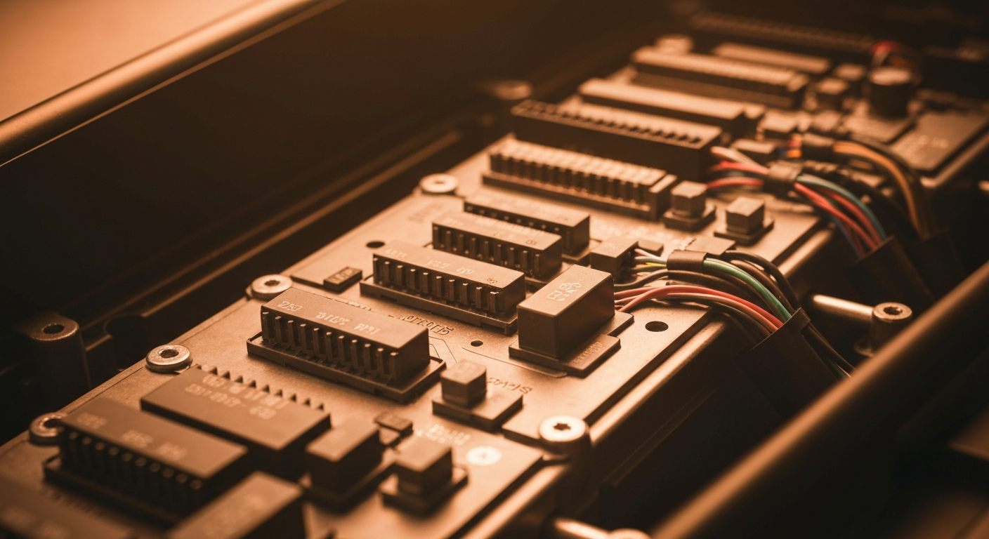 An extreme close-up of complex, industrial-looking automotive electronics and wiring, conveying the technical sophistication and engineering prowess of Visteon's products.