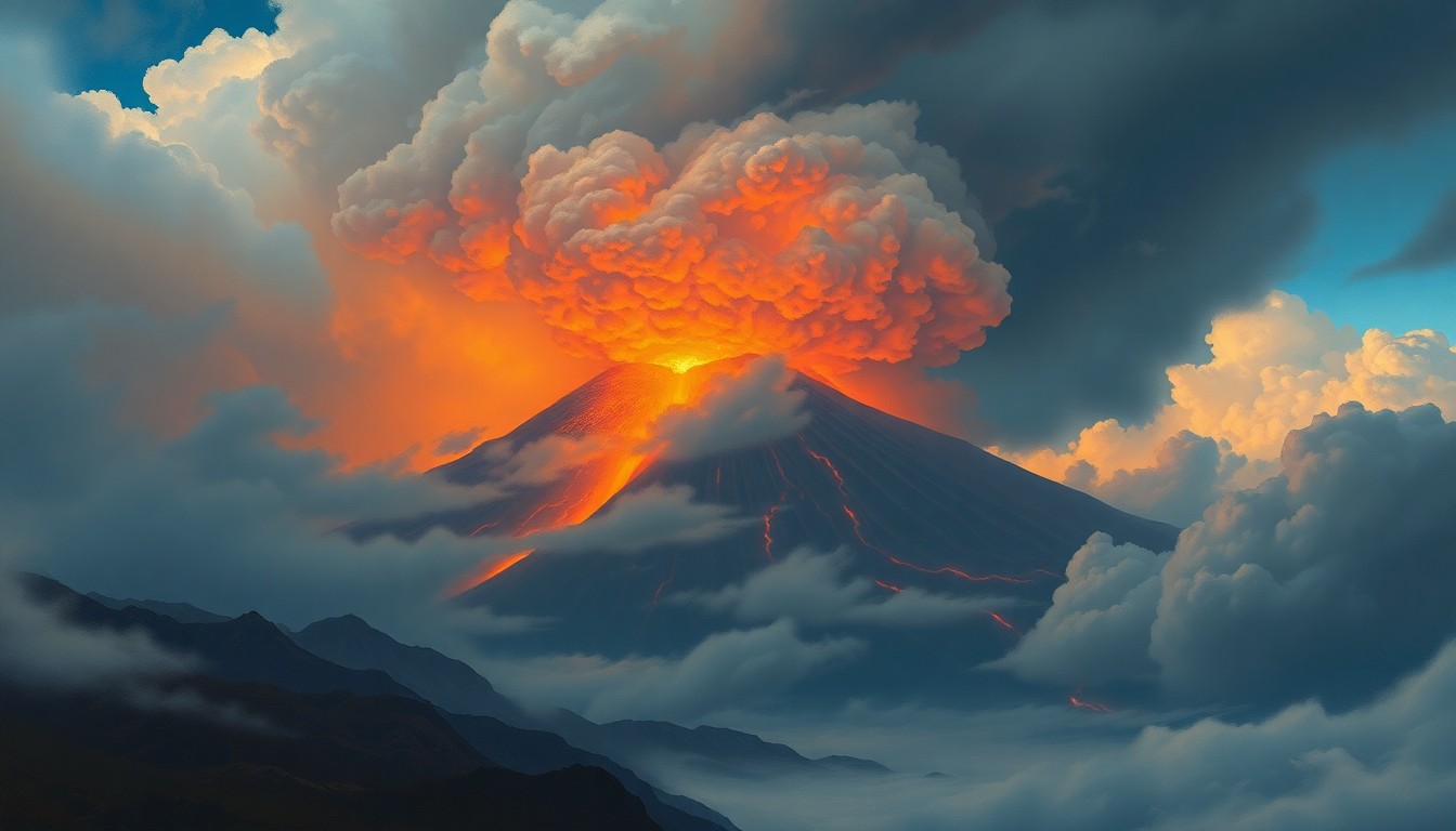 A sweeping, atmospheric landscape painting depicting Kilauea volcano erupting in a dramatic, sublime scene, with the volcanic activity dominating the composition and dwarfing any other physical details.
