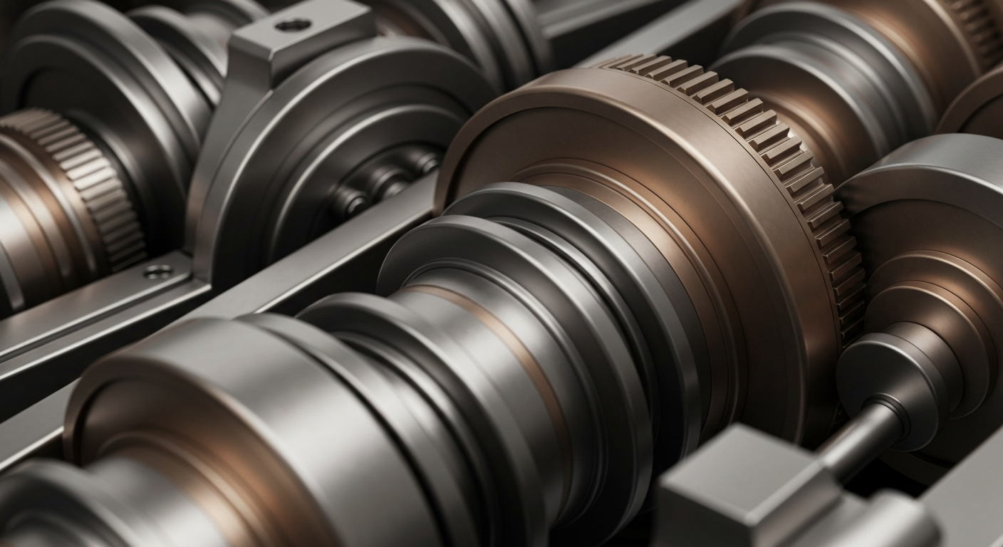 A highly detailed, cinematic close-up image of the polished, heavy machinery and mechanical components that make up the inner workings of a major financial institution, conveying a sense of institutional stability and security without using any text or identifiable branding.