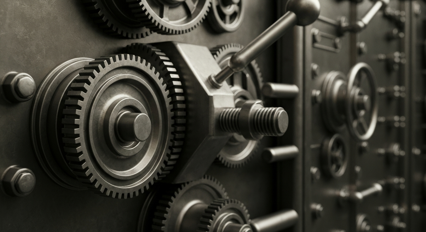 An extreme close-up of the heavy, industrial mechanisms of a large bank vault or safe deposit box, conveying a sense of financial security and institutional power through its precise engineering and metallic textures.