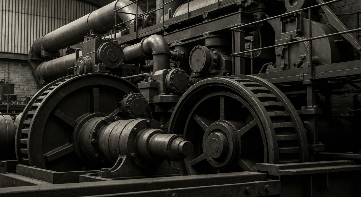 An extreme close-up of the gears, pipes, and heavy metal components that make up the industrial machinery and equipment of a large manufacturing facility, conveying a sense of the tangible, physical power and security of a major specialty materials company.