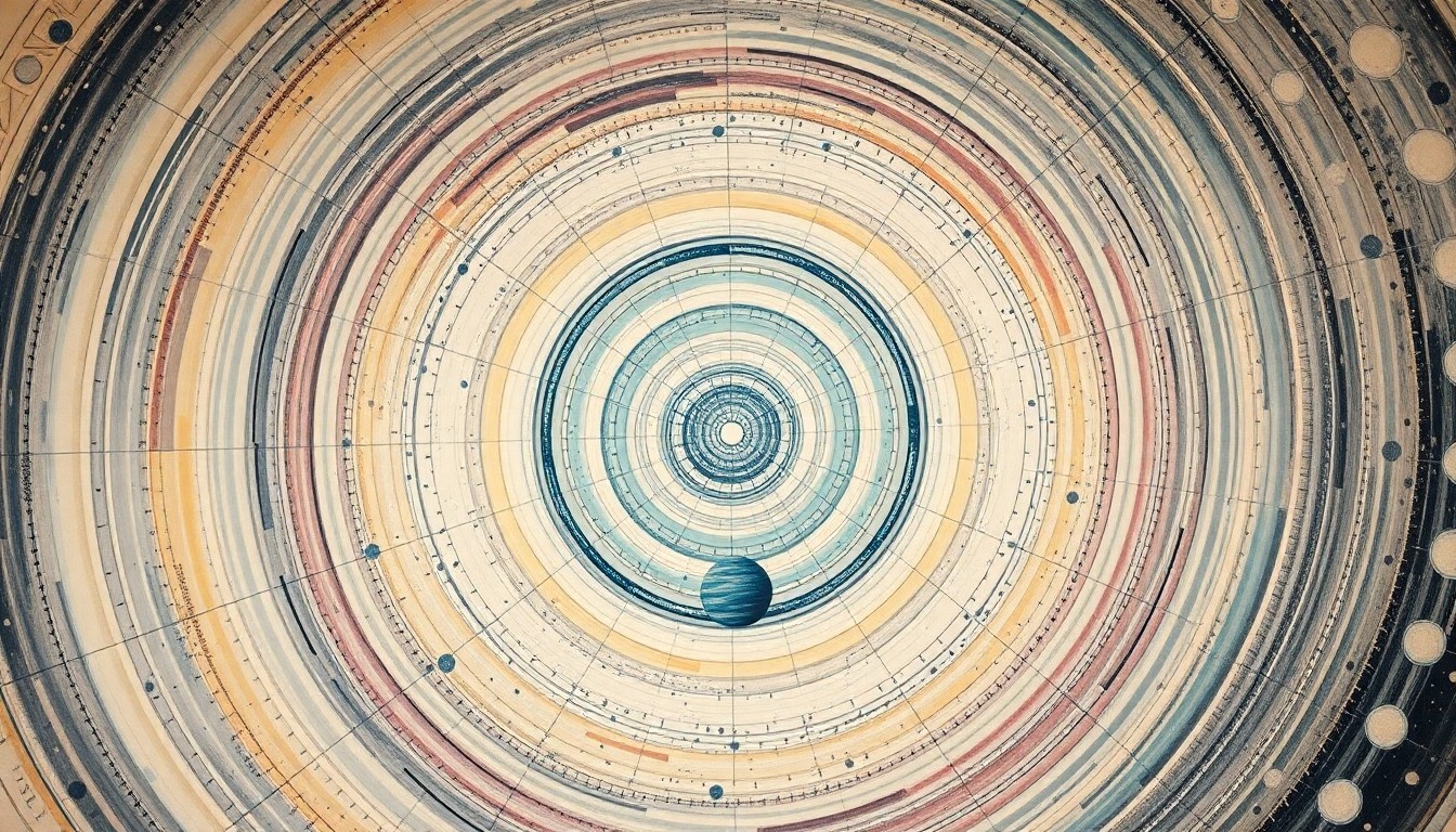 A highly structured abstract painting in soft, flat colors depicting sweeping geometric arcs, concentric circles, and precise spirals, conceptually representing the emergent 4D superspace lattice that guides electrons in moiré crystals.