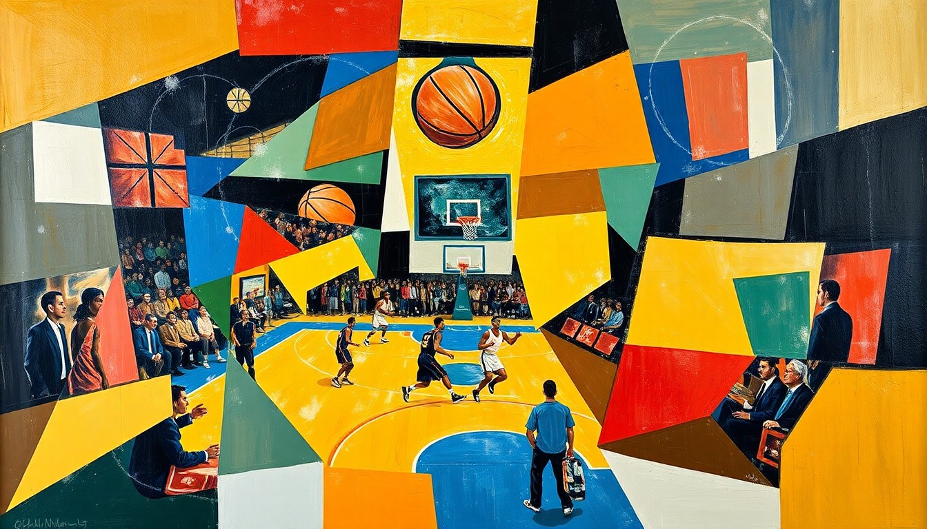 A cubist, geometric painting depicting a fragmented basketball game, with sharp, overlapping shapes and planes in various shades of blue, orange, and green, conveying the disruption and uncertainty surrounding the Mizzou basketball team.