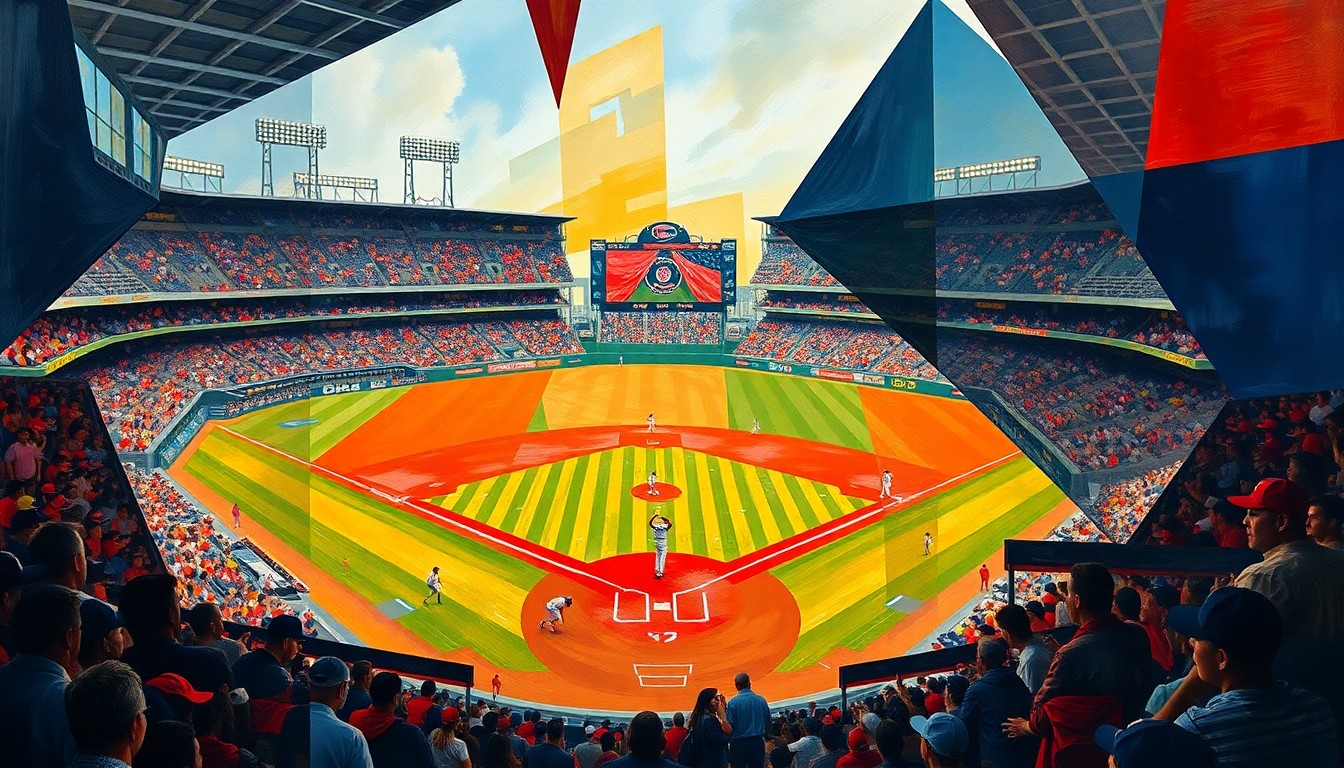 A dynamic, fragmented painting in bold geometric shapes and colors representing the action and atmosphere of a baseball game, with players, field, and crowd abstracted into an energetic visual composition.
