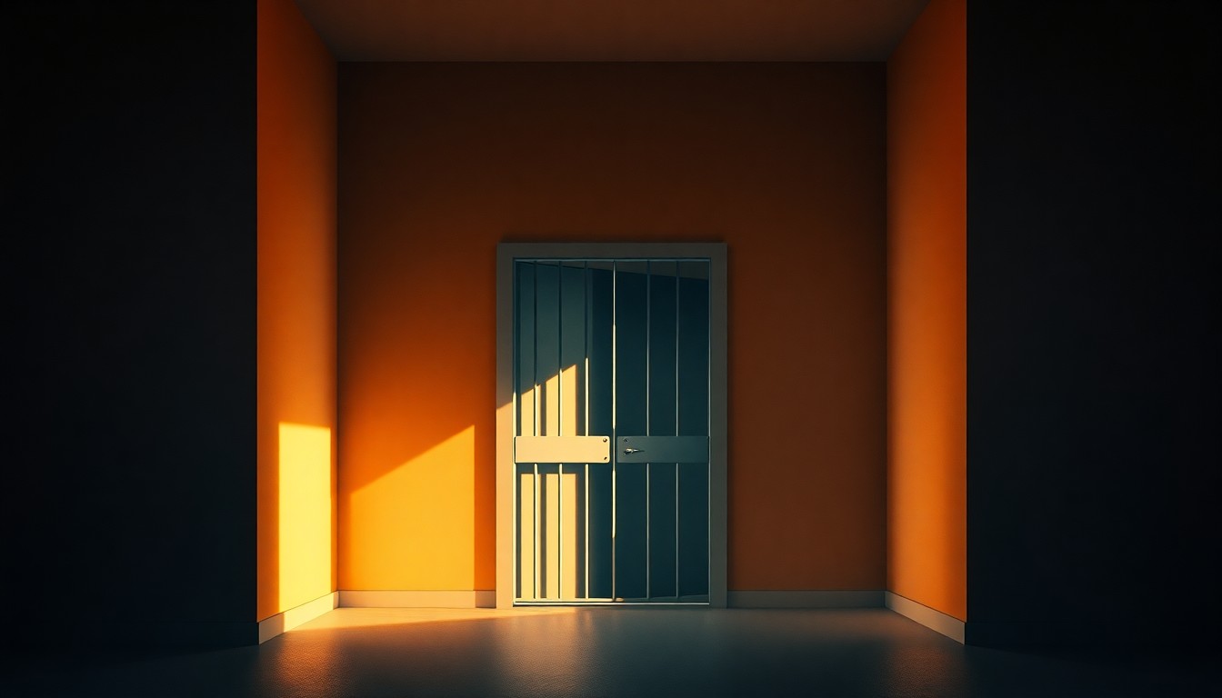 A realistic oil painting depicting the warm, shadowy interior of a solitary jail cell door, conveying a sense of quiet contemplation and the weight of the criminal justice system.