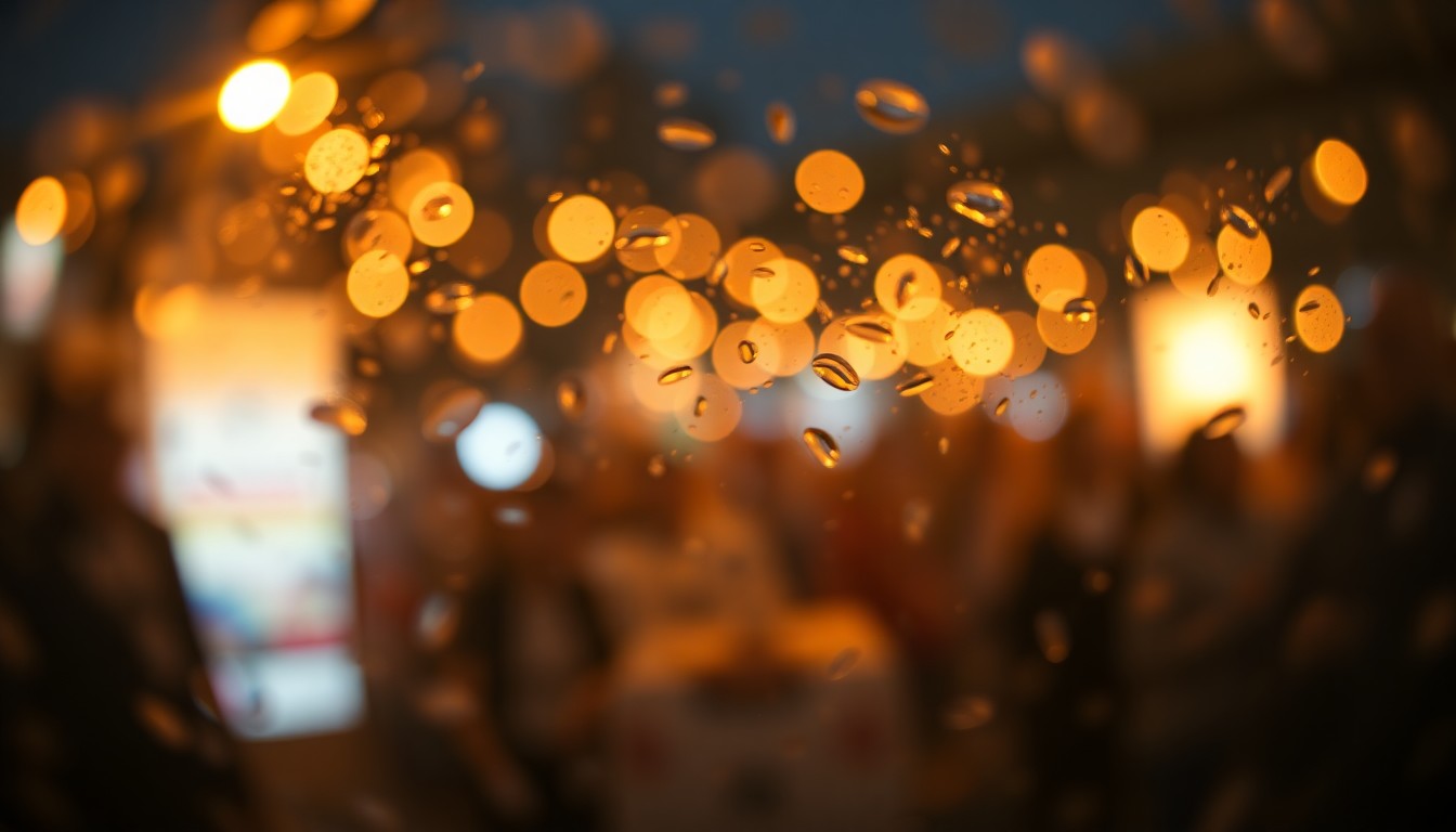 An abstract, impressionistic scene of blurred lights and colors, evoking the festive spirit of a community gas giveaway event.