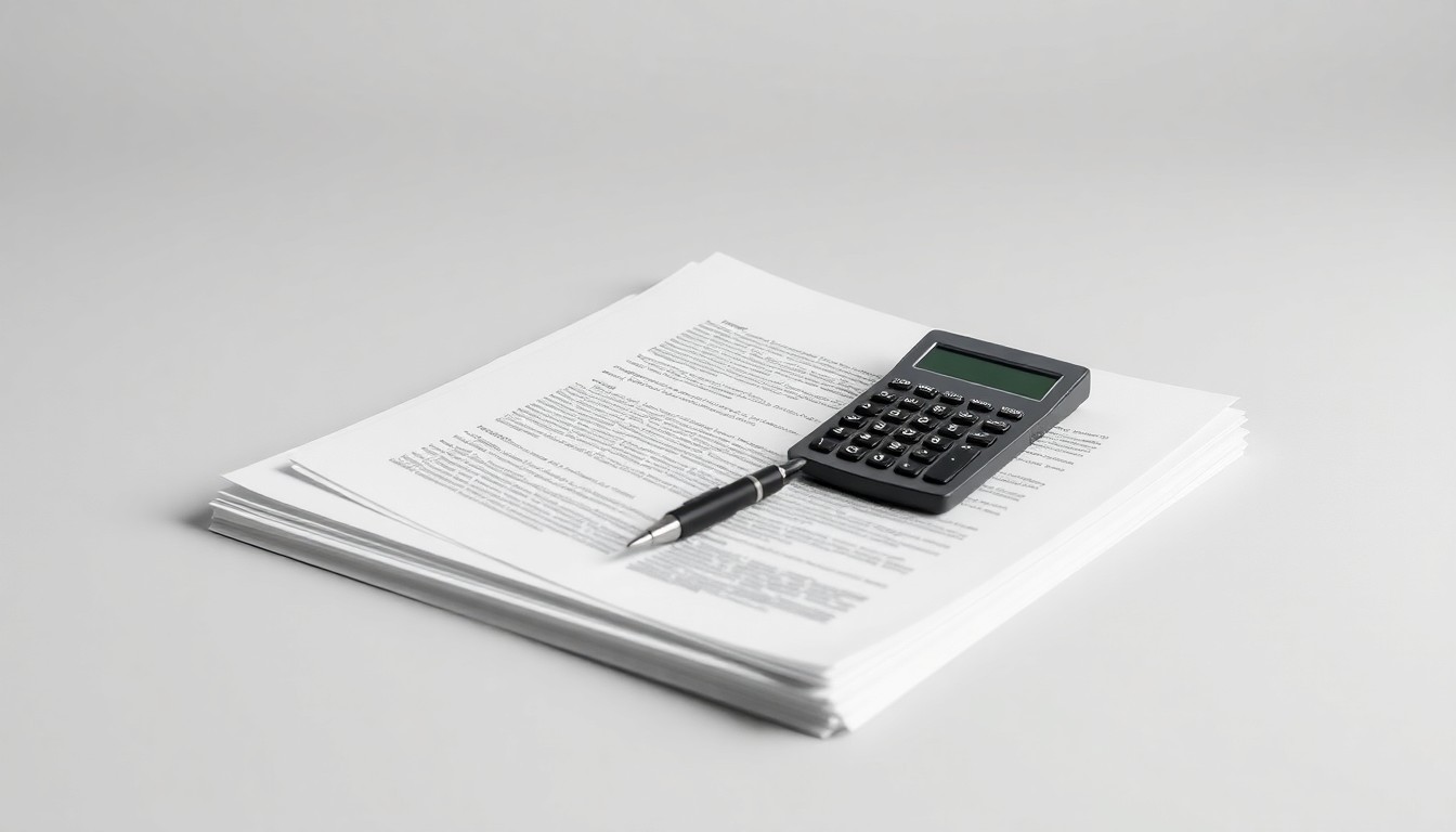A photorealistic studio still life featuring a stack of corporate documents, a pen, and a calculator arranged on a clean, monochromatic background, symbolizing the abstract concepts of corporate strategy, finance, and market transformation.
