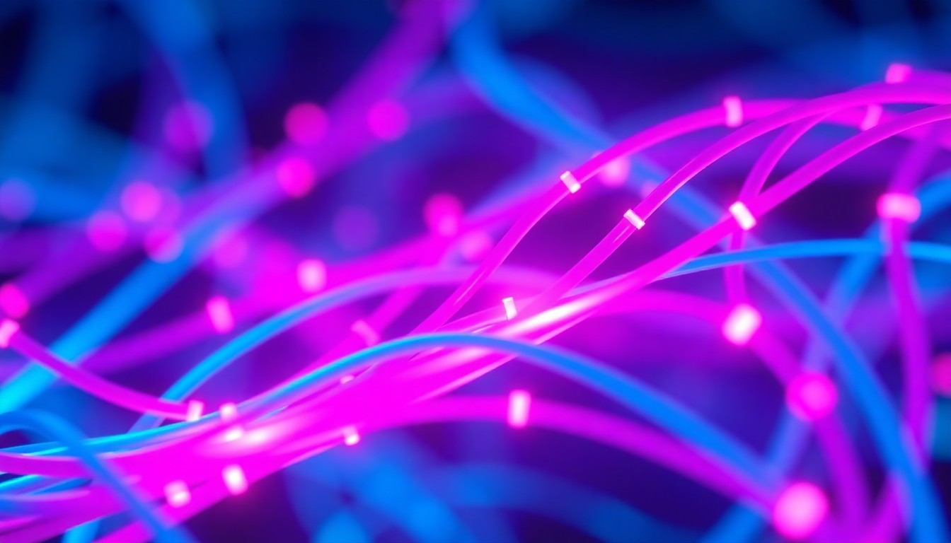 A highly detailed, glowing 3D illustration of fiber optic cables and network infrastructure, conceptually representing the physical technology that will enable high-speed internet access in rural Nevada communities.