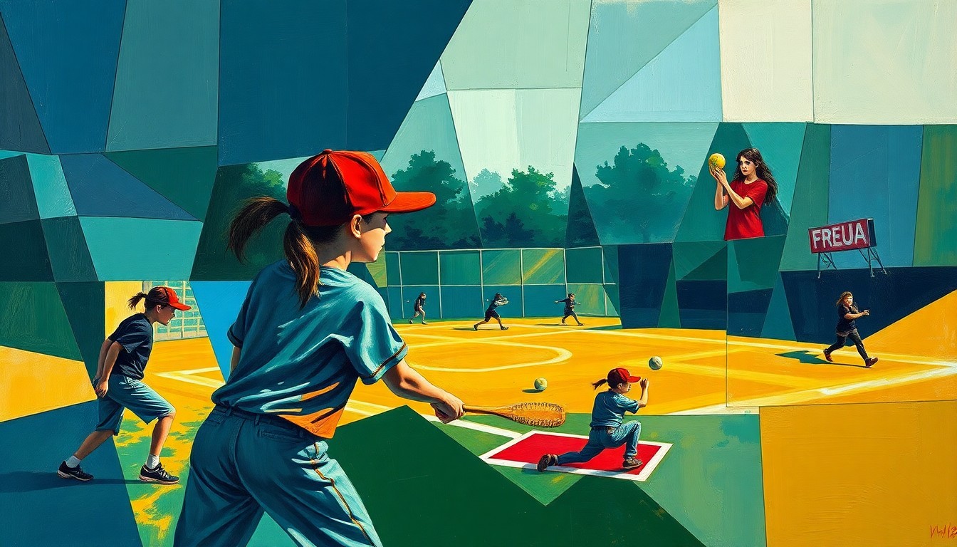 A fragmented, geometric painting depicting the dynamic movements and competing perspectives of a girls softball game, rendered in a cubist style with overlapping planes of navy, green, and ochre.