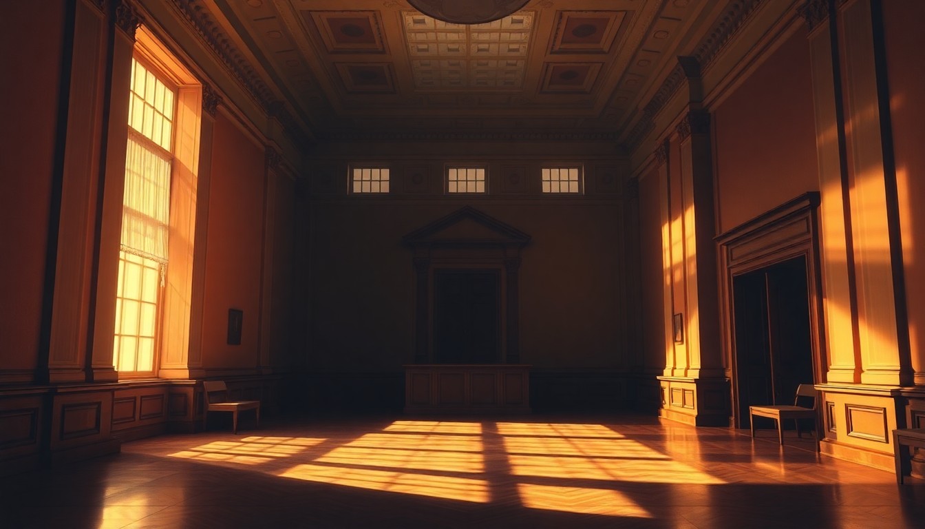 A dimly lit, cinematic interior of an empty government office or courthouse, with warm sunlight streaming in through the windows and casting deep shadows, conveying a sense of political tension and the fragility of democratic institutions.