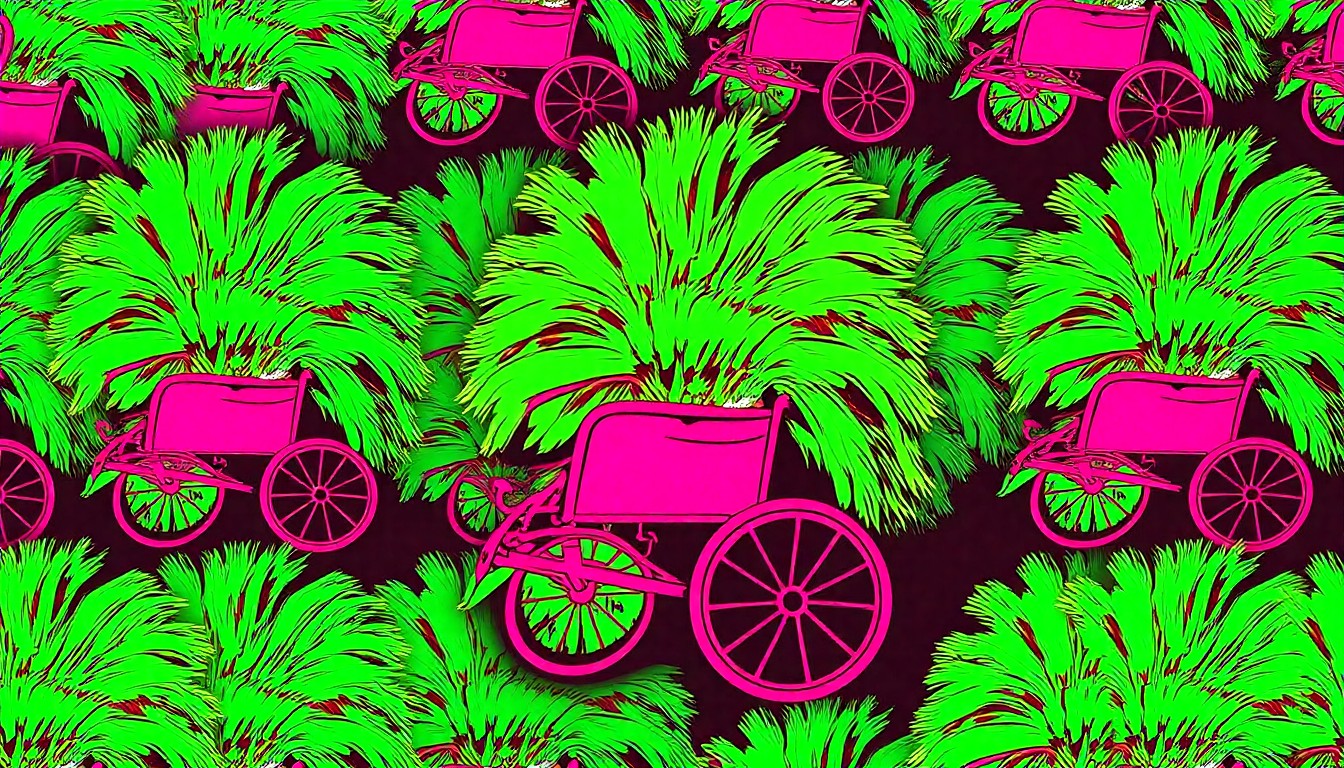 A brightly colored, high-contrast silkscreen print of a decorated wheelchair, repeated in a tight grid pattern, conceptually representing the iconic mobility device used by the Pigeon Town Steppers' president to lead the parade.