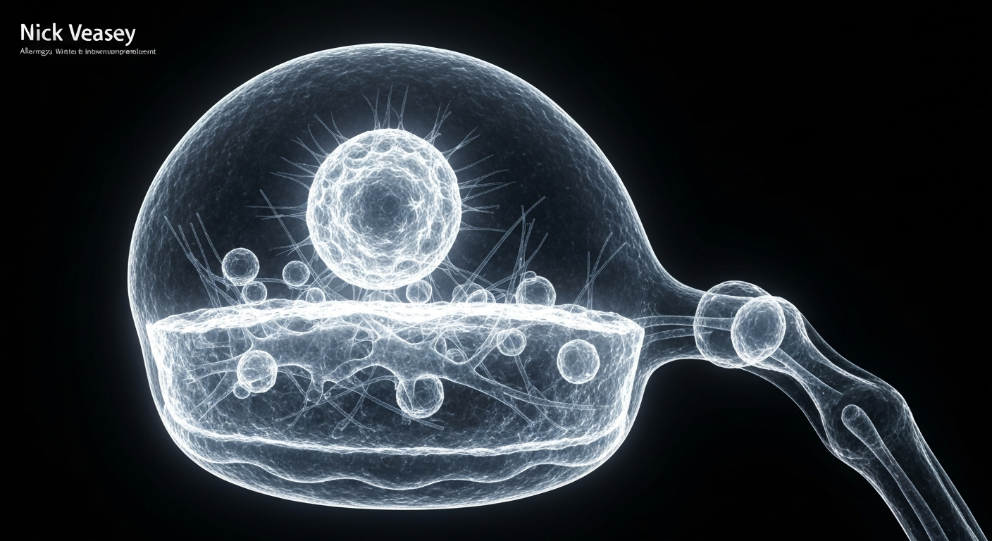 A highly detailed, translucent X-ray photograph revealing the internal structure of a human skin cell, with a focus on the filaggrin protein. The skin cell glows with a ghostly, ethereal quality against a dark background, conceptually illustrating the complex biological processes behind allergy development.