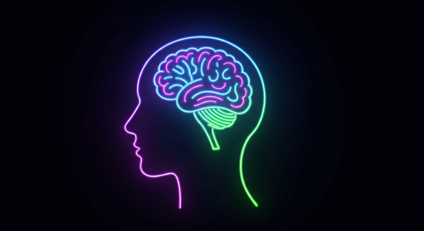 A glowing, neon outline of a person's head with a brain-like structure inside, representing the unique communication and sensory processing needs of autistic individuals. The vibrant colors and minimalist design convey the importance of providing better crisis support for this vulnerable population.
