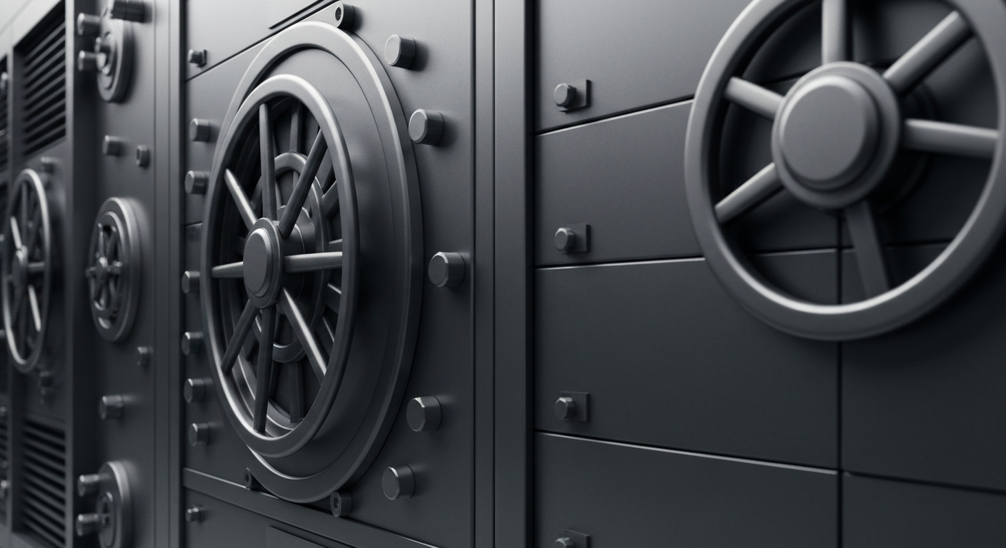 An extreme close-up of heavy, industrial banking equipment and infrastructure, conveying a sense of institutional strength and financial security without using any literal currency or stock market imagery.