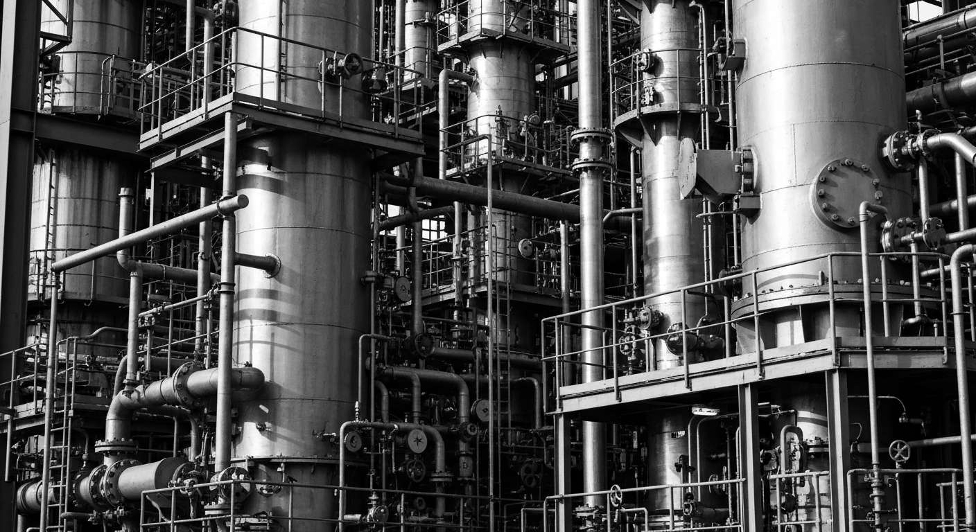 A high-contrast, black-and-white close-up image of complex industrial machinery and equipment used in chemical processing, conveying the scale and power of the modern chemicals industry.