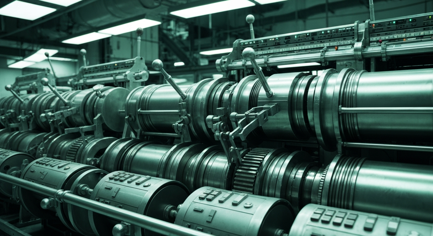 A highly detailed, black and white close-up image of gears, levers, and other heavy industrial machinery, conceptually representing the secure and powerful infrastructure of the banking and finance industry.